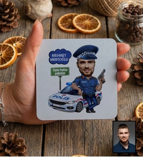 Kişiye Özel Kişiye Özel Karikatürlü Erkek Polis Bardak Altlığı Polisler Günü Hediyesi