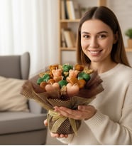 Premium El Emeği Yeşil Hardal Tonlarda Kalpler Ve Ayıcıklar Mum Buketi