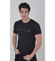 Erkek Göğüste Fermuar Aksesuarlı Dar Kalıp T-Shirt - Siyah