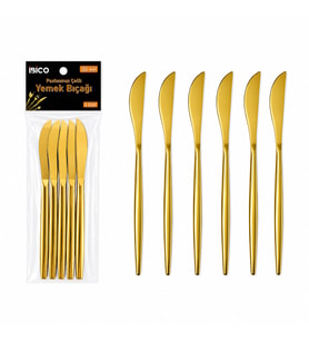 6 Parça Yemek Bıçağı Seti - Parlak Altın Renk - 21 cm