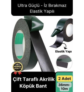 Premium Ultra Güçlü İz Bırakmaz Elastik Yapılı Çift Taraflı Akrilik Köpük Bant 36mm - 10m - 2 Adet