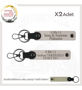 Motosiklet Maceracılarına, İsim Plaka ve 0 Rh (-) Kan Grubu Yazılı Deri x2 Anahtarlık Seti, Pudra-SK (Çok Renkli)