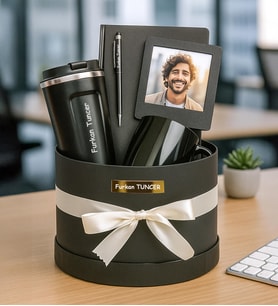Kişiye Özel Fotoğraflı,Çerçeve,Defter,Kalem,Fincan Ve Termos Premium Silindir Kutu Hediye Seti (STD)