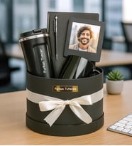 Kişiye Özel Fotoğraflı,Çerçeve,Defter,Kalem,Fincan Ve Termos Premium Silindir Kutu Hediye Seti (STD)