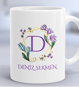 Kişiye Özel Çiçekli D Harfli Hediye Kupa Bardak İsim Soyisim Yazılı (Beyaz)