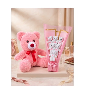 35 cm Pembe Ayıcık ve Pembe Buket Kadina Hediyeler