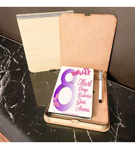 8 Mart Dünya Kadınlar Günü Hediyesi Ahşap Kutulu Defter Kalem Set 001
