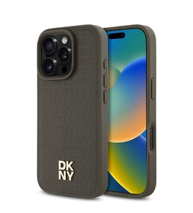Apple iPhone 16 Pro Uyumlu Kılıf DKNY Orjinal Lisanslı M-safe Şarj Özellikli 3D Yazılı Repeat Pattern Kapak (Kahverengi)