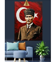 Türk Bayrağı Önünde Atatürk Dekoratif Kanvas - Mdf Ahşap Tablo