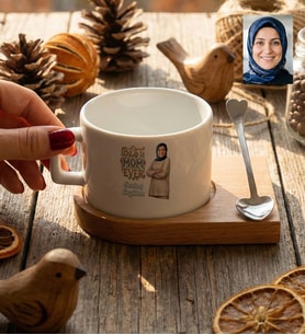 Kişiye Özel Karikatürlü Best Mom Ever Anneye Hediye Fincan, Ahşap Altlıklı, Kaşıklı Anneler Günü Hediyesi