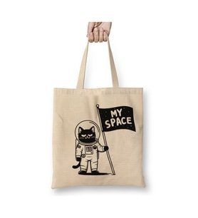 Astronot Kedi Cat My Space Beyaz Bez Çanta Uzun Saplı Alışveriş Çantası Plaj Çantası