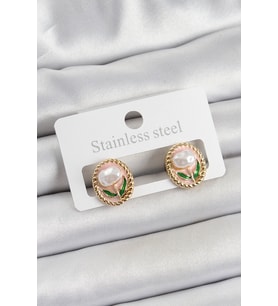 Pirinç Pembe Mineli Lale Figürlü Sanatsal Portre Model Gold Renk Kadın Küpe 588 - HPSBYI9668-7