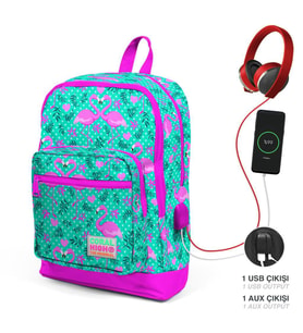 Coral High Kids Su Yeşili Pembe Flamingo Desenli Dört Bölmeli USB Şarjlı Kulaklık Çıkışlı Okul Sırt Çantası 23812