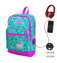 Coral High Kids Su Yeşili Pembe Flamingo Desenli Dört Bölmeli USB Şarjlı Kulaklık Çıkışlı Okul Sırt Çantası 23812