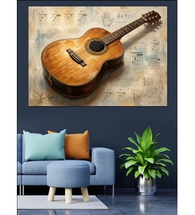 Nota Kağıdı Üzerinde Akustik Gitar Dekoratif Kanvas - Mdf Ahşap Tablo