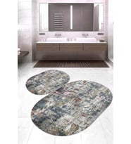 Dijital Baskılı Kaymaz Taban Yıkanabilir Oval 2'li Klozet Takımı Banyo Paspası NOKZ-SD-291 (Gri)