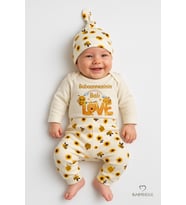 BABYDEN'S Babaannesinin Balı 3’lü Yenidoğan Takım Pamuklu UzunKol Body,Çiçek Arı Desenli Ribana Pantolon,Bere (Sarı-Ekru)