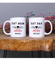 Kişiye Özel Kedi Tasarımlı İsimli Cat Mum ve Cat Dad Yazılı Kupa Bardak Arkadaşa Hediye