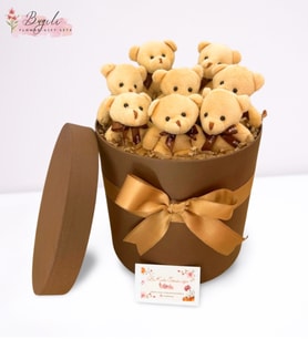 Büyük Boy Premium Kahverengi Silindir Kutuda 8 Adet Krem Rengi Peluş Ayıcık Buketi Eşe Arkadaşa Sevgiliye Hediye Anneler Günü
