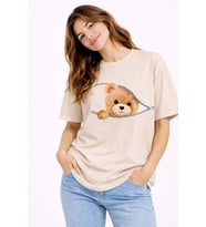 Fermuarlı Ayıcık Baskılı Kadın Tişört Oversize Sevimli Teddy Bear Baskılı Pamuk T-Shirt (Bej)