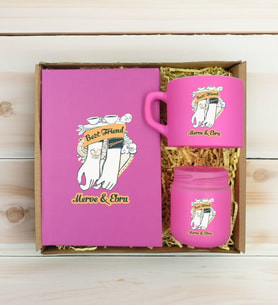 BK Gift Kişiye Özel İsimli DTF Best Friend Temalı Pembe Defter & Kahve Fincanı & Mum Hediye Seti-4, Arkadaşa Hediye, Doğum Günü Hediyesi