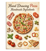 El Çizimi Pizza Malzeme Kolajı Dekoratif Kanvas - Mdf Ahşap Tablo