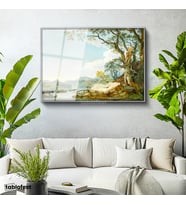 Gümüş Renk Metal Çerçeveli Tamperli Cam Tablo Paul Sandby Windsor Kalesi Nehir Kenarı Piknik Ressam Tablosu Duvar Dekoru