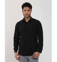 Dufy Siyah Erkek Slim Fit Gofre Desenli Brent Yaka Uzun Kol Gömlek - 104815
