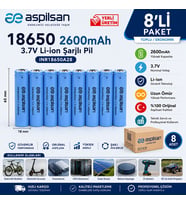Aspilsan 18650 2600mAh 3.7V Li-ion Şarjlı Pil 8'li Paket INR18650A28 Orijinal Lityum İyon Batarya Yerli Üretim
