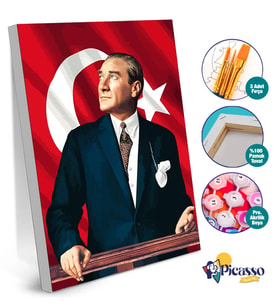 Sayılarla Boyama Çerçeveli Tuval Hobi Seti Fırça Boya Dahil Atatürk
