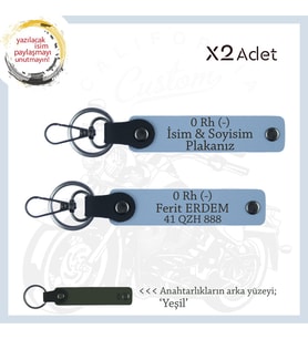 Yol Arkadaşlarına, İsim Plaka ve 0 Rh - Kan Grubu Yazılı Acil Durum x2 Anahtarlık Takımı, Mavi-Ysl (Çok Renkli)