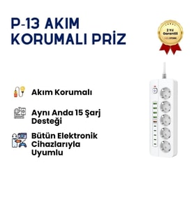 Protech P13 Akım Korumalı Çoklu Priz – USB Girişli, Anahtarlı, Yüksek Güvenlikli Elektrik Prizi