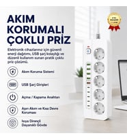Akım Korumalı Çoklu Priz – USB Girişli, Anahtarlı, Yüksek Güvenlikli Elektrik Prizi