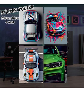 renkli spor yarış arabaları - 4 adet yapışkanlı poster sticker etiketler - dolap cam oda için