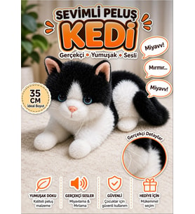 Oyuncak Pilli Sesli Peluş Kedi 35 cm Gerçekçi Miyavlayan Yumuşak Dokulu Çocuk Oyuncağı
