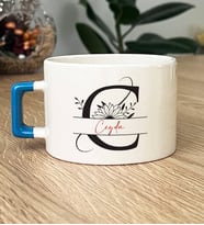 Kişiye Özel Ayçiçek C Harfli Hediye Lüks Fincan İsme Özel İsimli İsim Yazılı (Mavi)