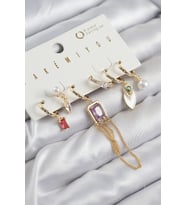 Pirinç Zirkon Taşlı Sallantılı Ve İncili Gold Renk 6'lı Küpe Set
