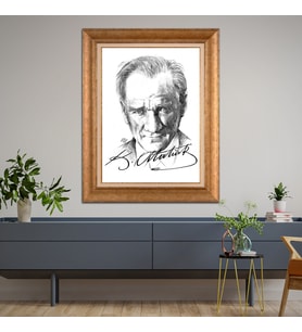Altın Paspartulu Atatürk  Çerçeveli Tablo C255 (Gold)