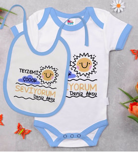 BK Kids Kişiye Özel Teyzemi Çok Seviyorum Tasarımlı Mavi Bebek Body Zıbın ve Mama Önlüğü Hediye Seti