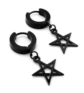 Pentagram Yıldız Sallantılı Siyah Paslanmaz Çelik Halka Erkek Küpe ER069