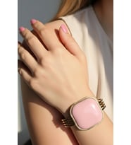 Caş Dekorasyon Altın Renk Pembe Taşlı Çelik Kelepçe Bileklik (Pembe-Altın)