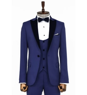 Kadife Yaka Slim Fit Mavi Erkek Damatlık - Wessi (Lacivert)