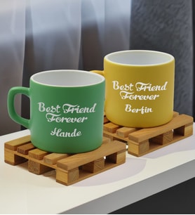BK Gift Kişiye Özel İsimli Best Friend 2’li Yeşil ve Sarı Renkli Middle Çay & Kahve Fincanı-1, Arkadaşa Hediye, Sevgiliye Hediye