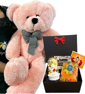 Sizlere Özel Fotoğraflı Hediye Paketi ve Büyük Boy Pembe Peluş Ayıcık - Premium Set (Model 5)