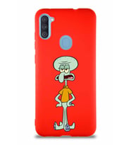 Samsung Galaxy A11 Soft Premier Kapak Squidward Dokunaç Tasarımlı Silikon Kılıf - Kırmızı (Şeffaf)