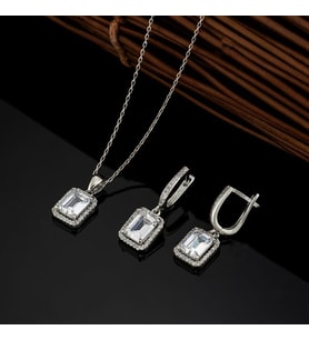 Gümüş Pazarım Dikdörtgen Taşlı Baget Taşlı Gümüş Set (Beyaz)
