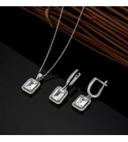 Gümüş Pazarım Dikdörtgen Taşlı Baget Taşlı Gümüş Set (Beyaz)