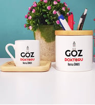 Göz Doktoru Türk Kahvesi Fincanı Ahşap Altlıklı ve Kalemlik