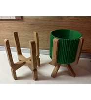 3D Baskı Ayaklı Çizgili Saksı - Bej Standlı Dekoratif Saksı - Yeşil