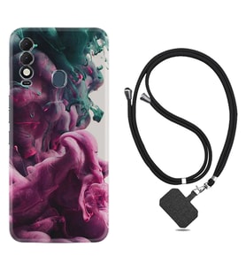 Tecno Spark 8T Kılıf Resimli Boyun Askılı İpli Desenli Silikon Pink Green Cloud 1306